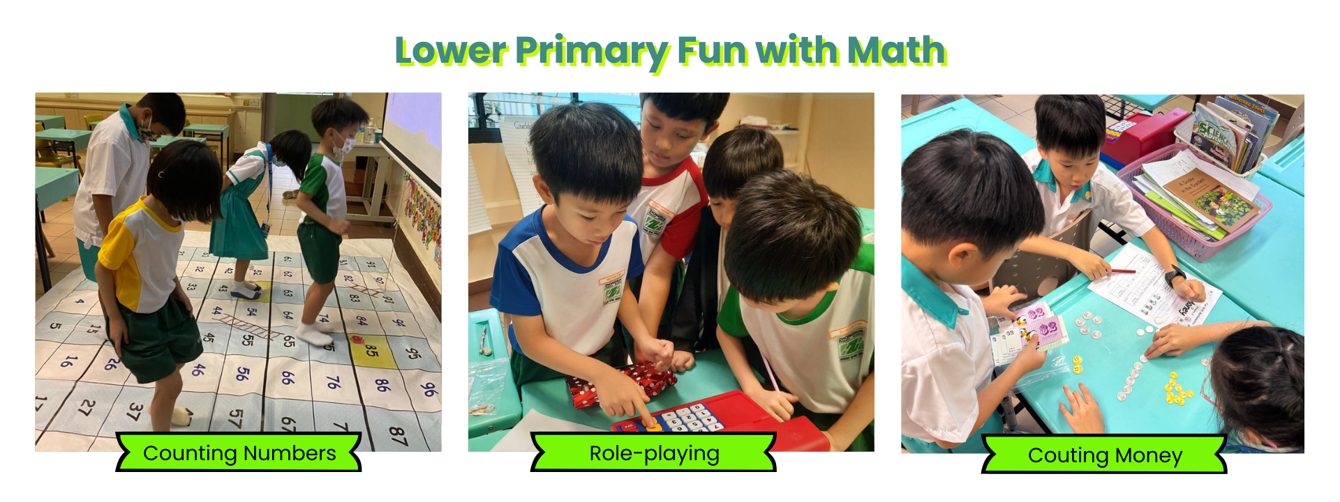 Three photos of young students doing math activities: counting on a floor grid, role-playing with dice, and counting coins.