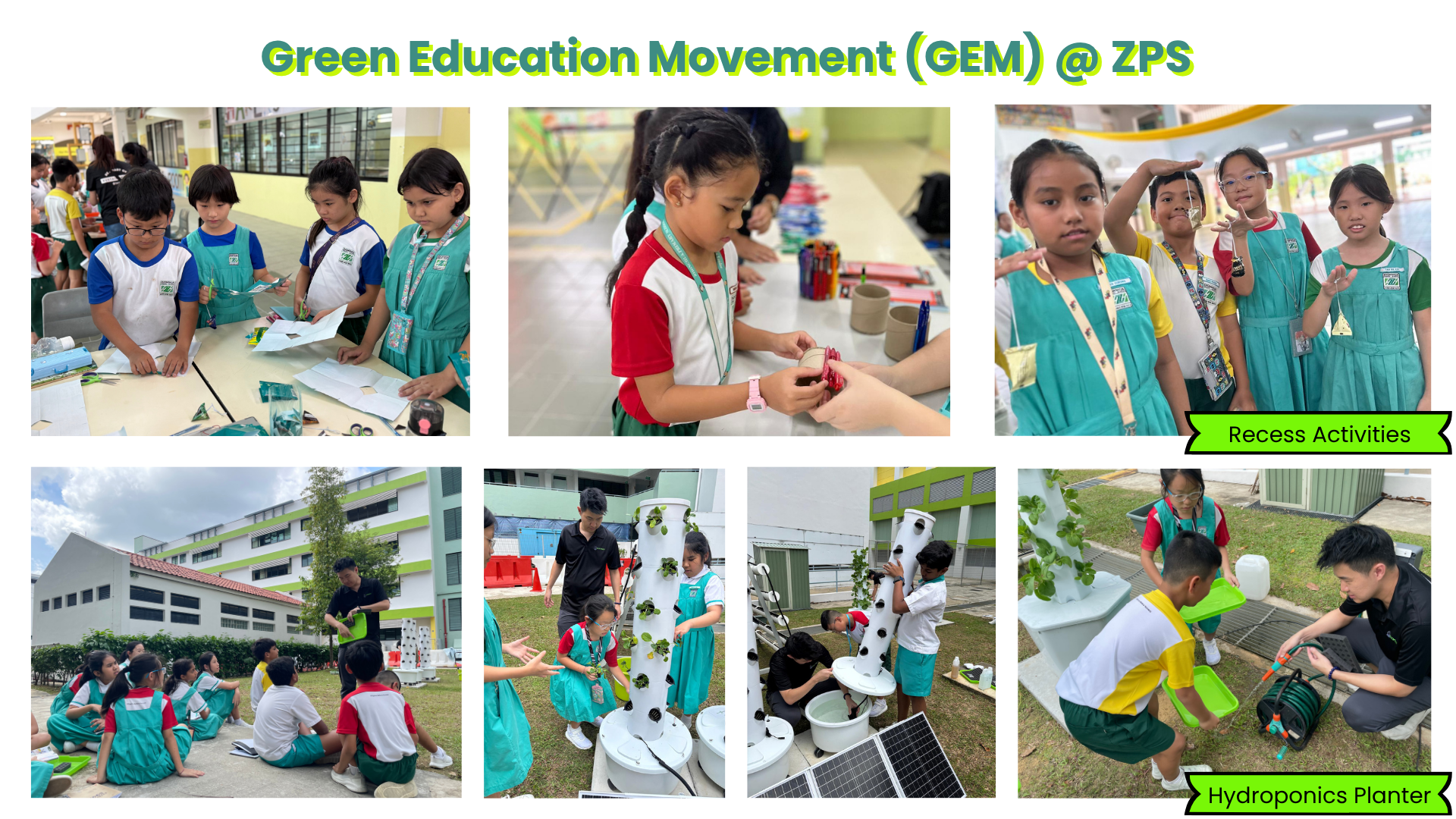 Students in teal aprons participate in Green Education Movement activities including hydroponics planting and recess crafts at ZPS.