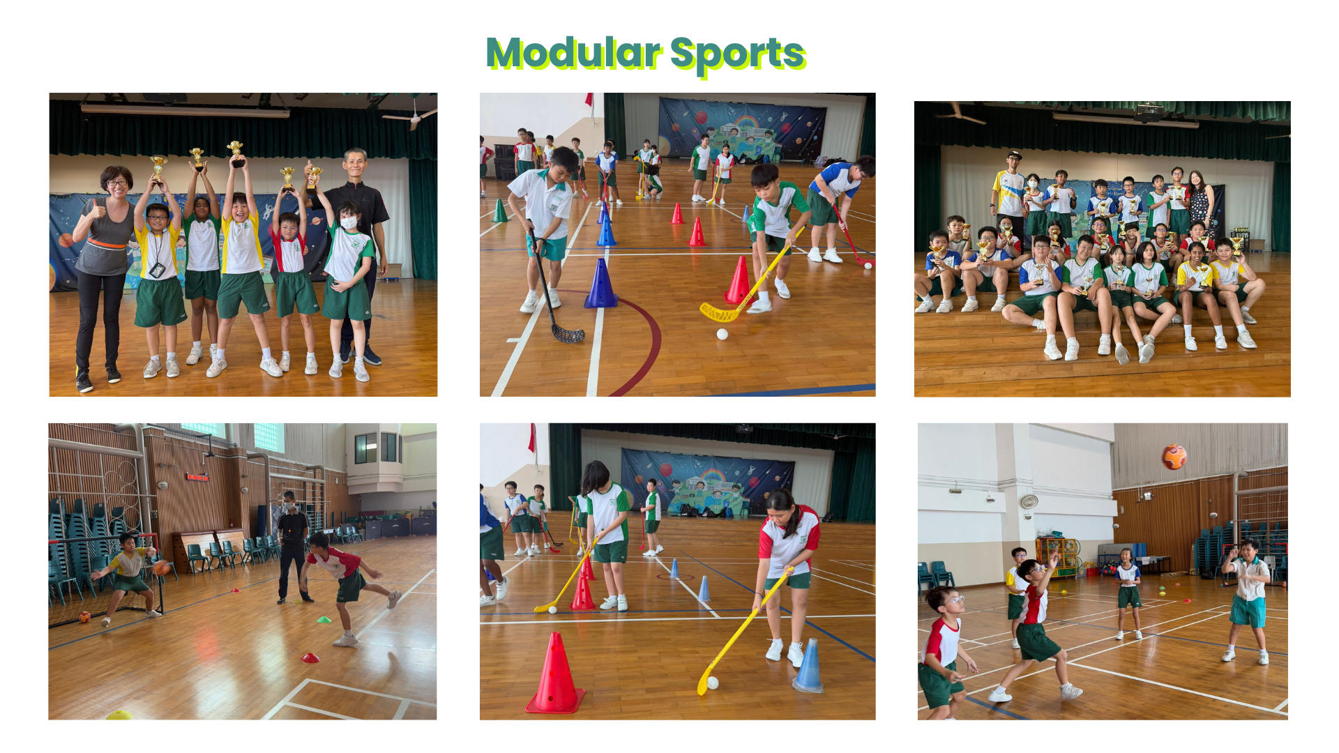 Six photos of a Modular Sports event showing students playing floorball and basketball, and posing with trophies indoors.