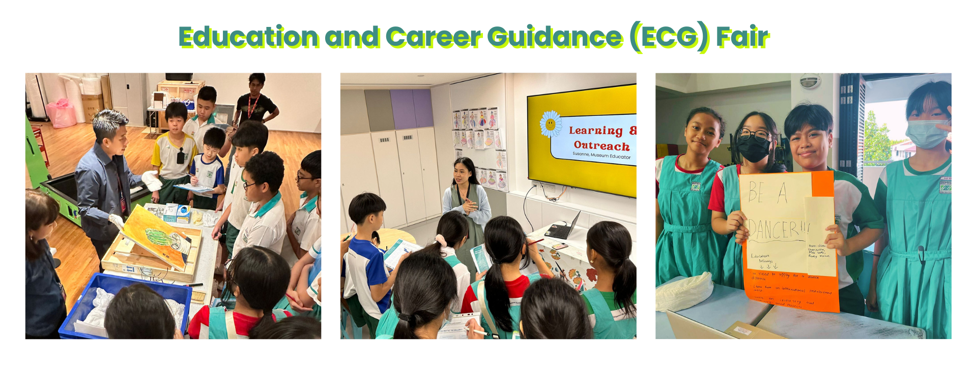 Three photos from an Education and Career Guidance Fair showing students in activities and holding a "Be A Dancer" poster.