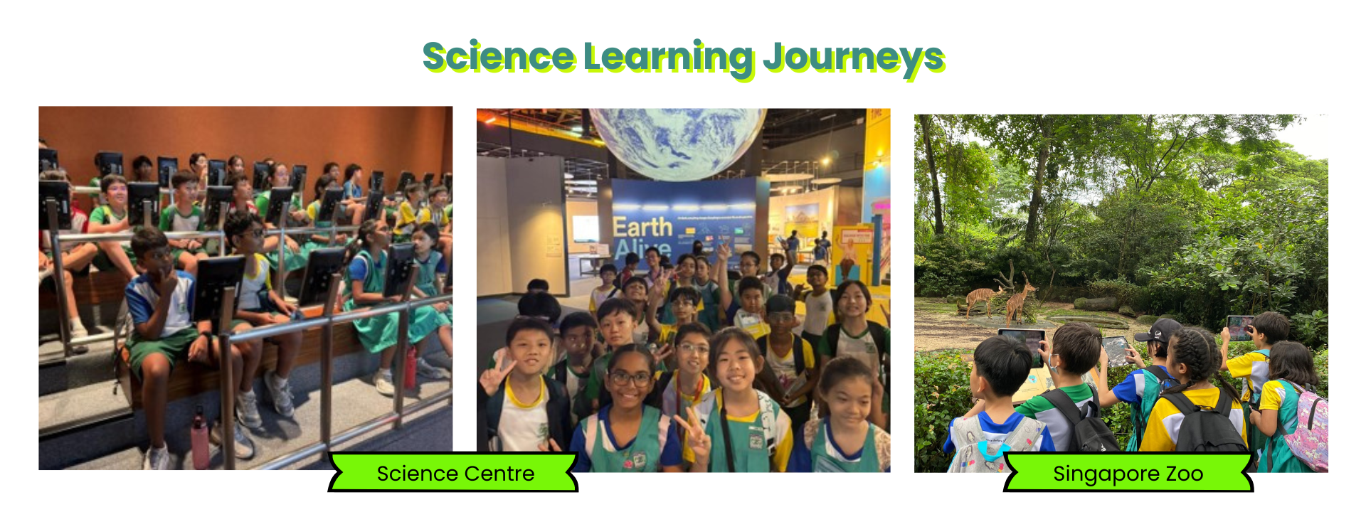 Three photos of students on Science Learning Journeys at Science Centre and Singapore Zoo.