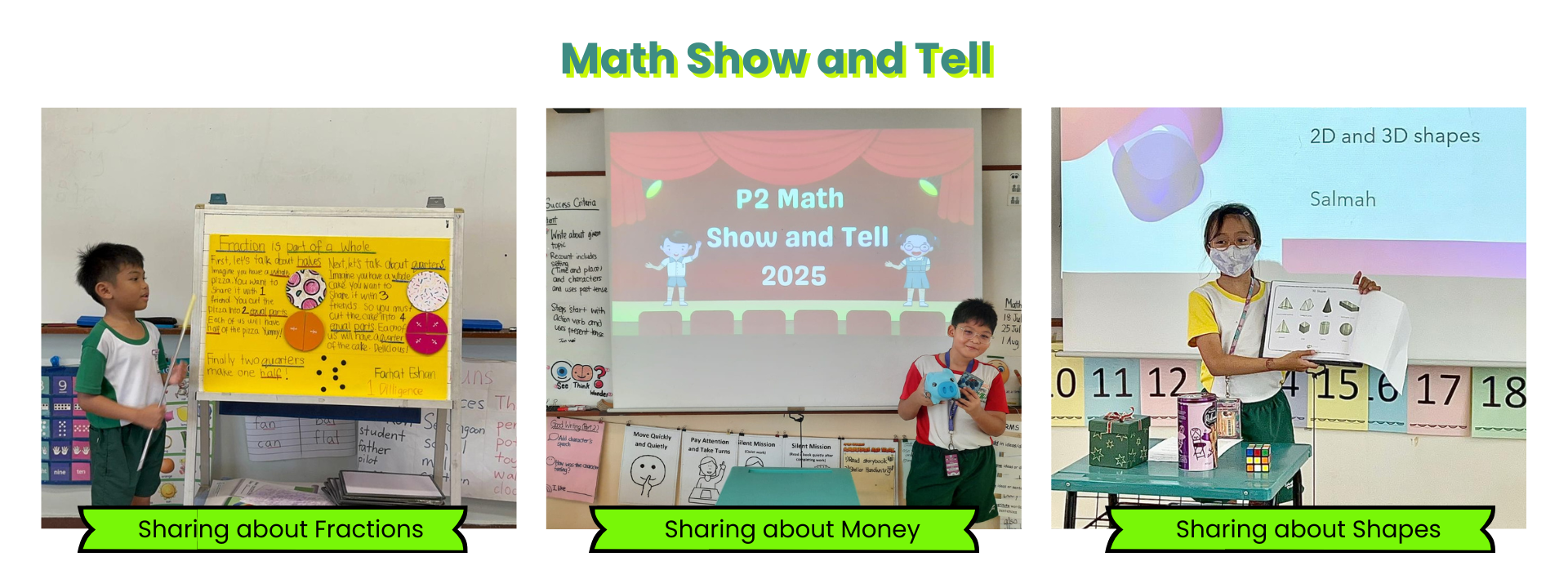 Three students presenting Math Show and Tell 2025, covering fractions, money, and 2D and 3D shapes.