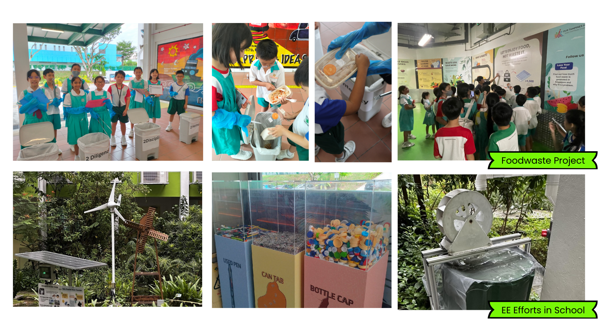 Collage of students sorting food waste and recycling; bins of caps; outdoor solar/wind setup; labels Foodwaste Project.