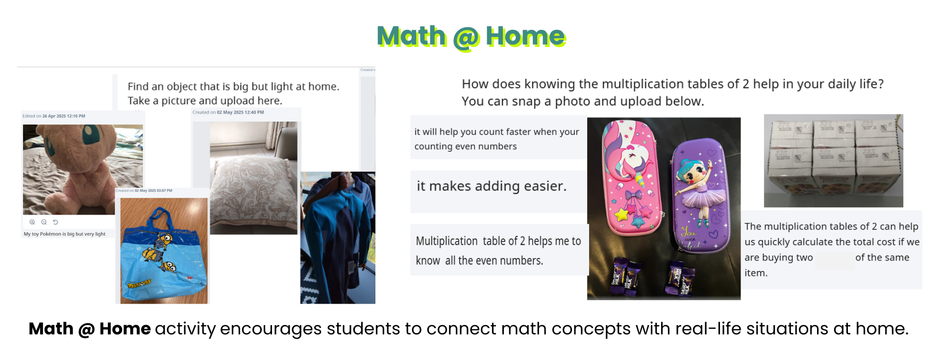 Math at Home activity showing student photos and text responses connecting math concepts to real-life home situations.