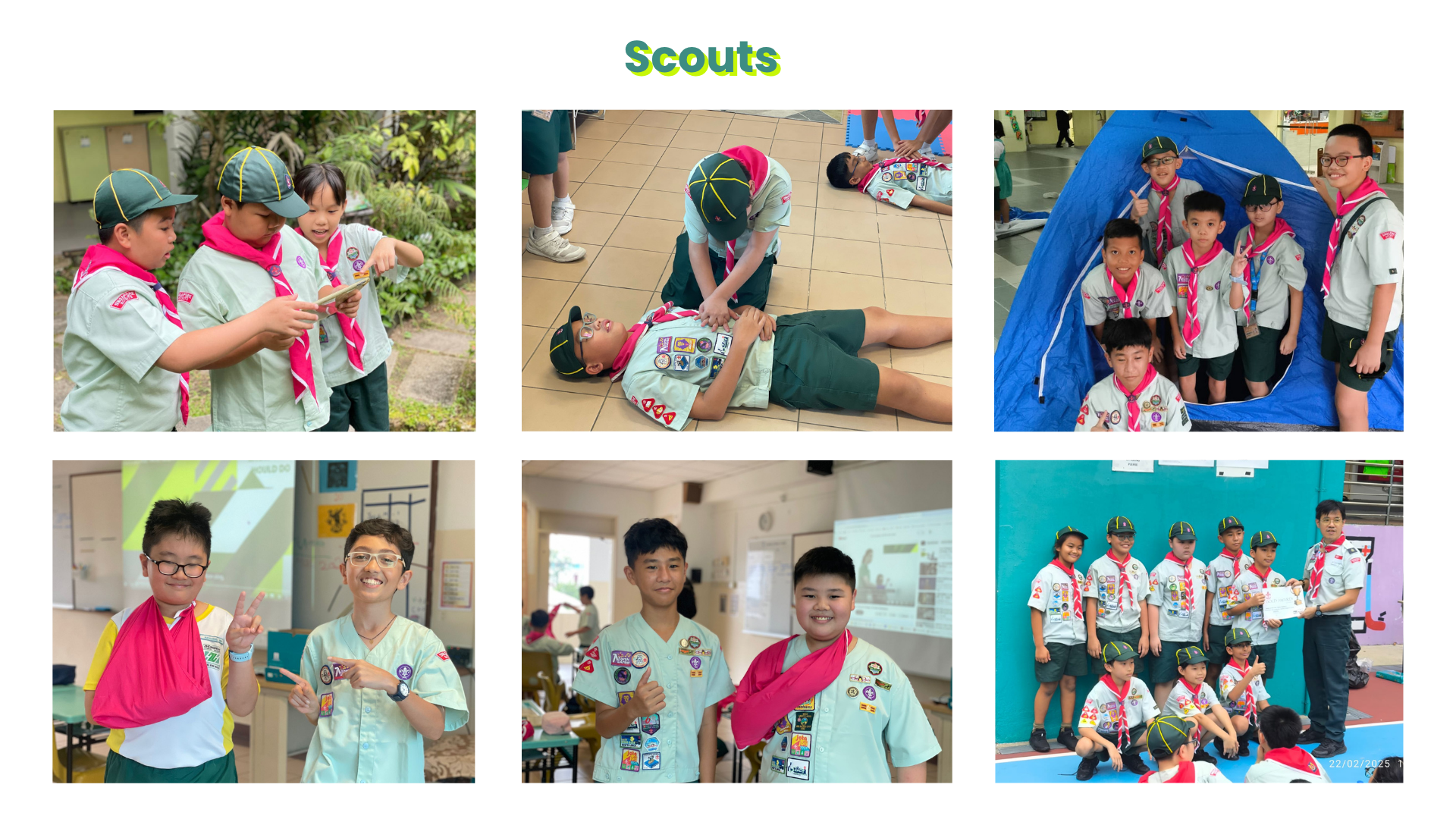 Six photos of young scouts in uniform doing activities including first aid practice, tent setup, and group poses.