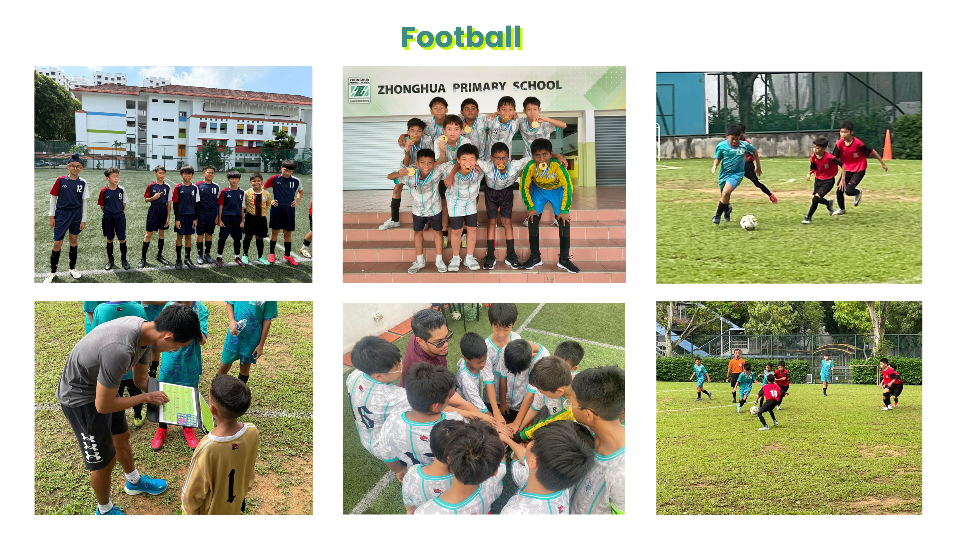 Six photos showing Zhonghua Primary School boys playing football, posing with medals, and huddling with a coach.