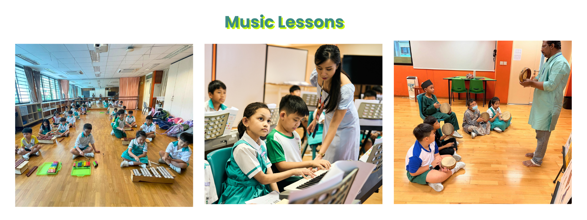 Three photos of children in music lessons: playing xylophones on floor, learning keyboard with teacher, and learning drums from instructor.