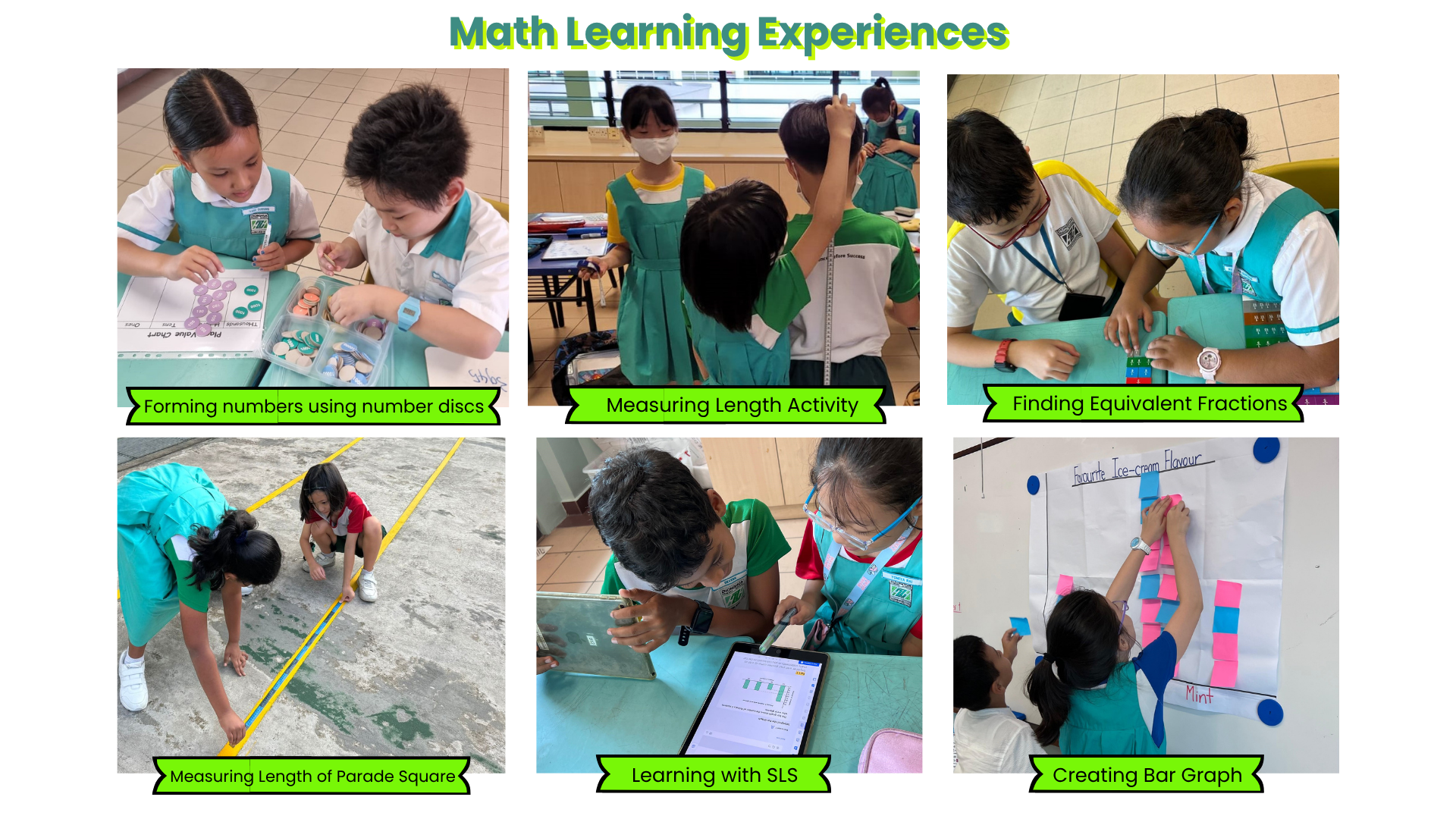 Six photos of students in green uniforms doing math activities like measuring, fractions, and creating bar graphs.