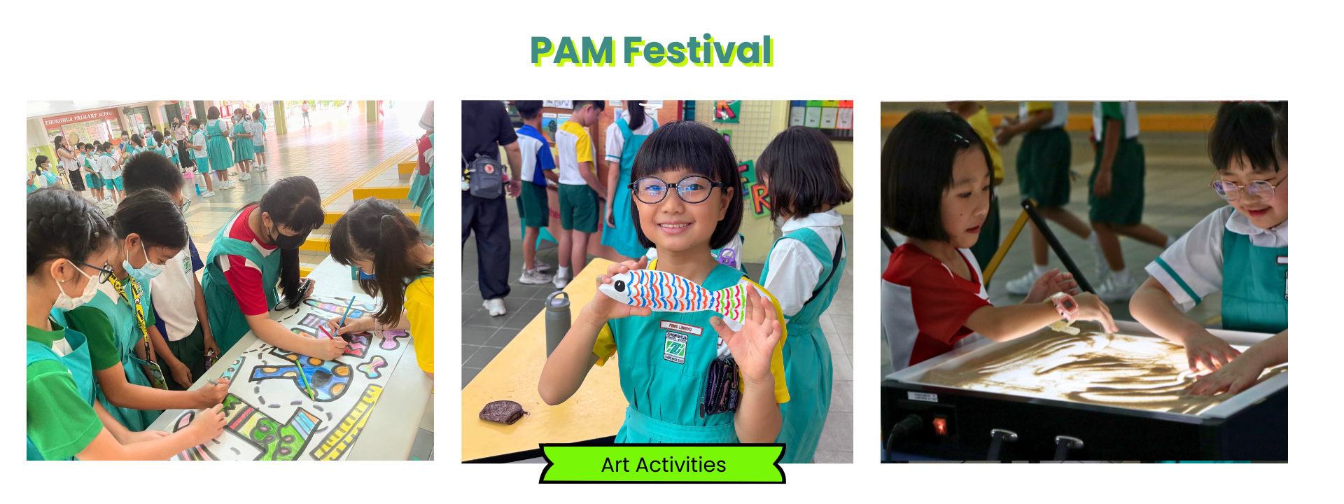 Three photos of primary school children doing PAM Festival art activities: drawing, holding a fish craft, and sand art.