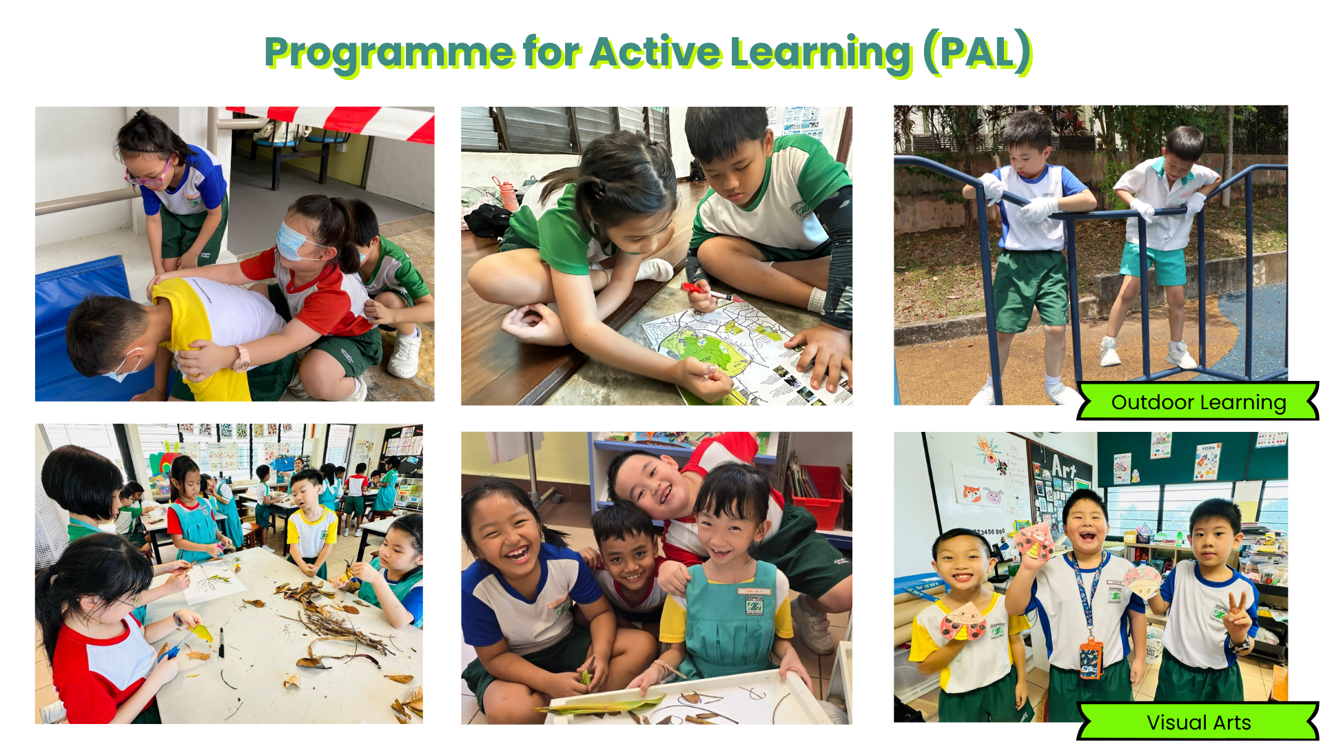 Six photos of young students in PAL activities including outdoor learning, map reading, art, and group work.