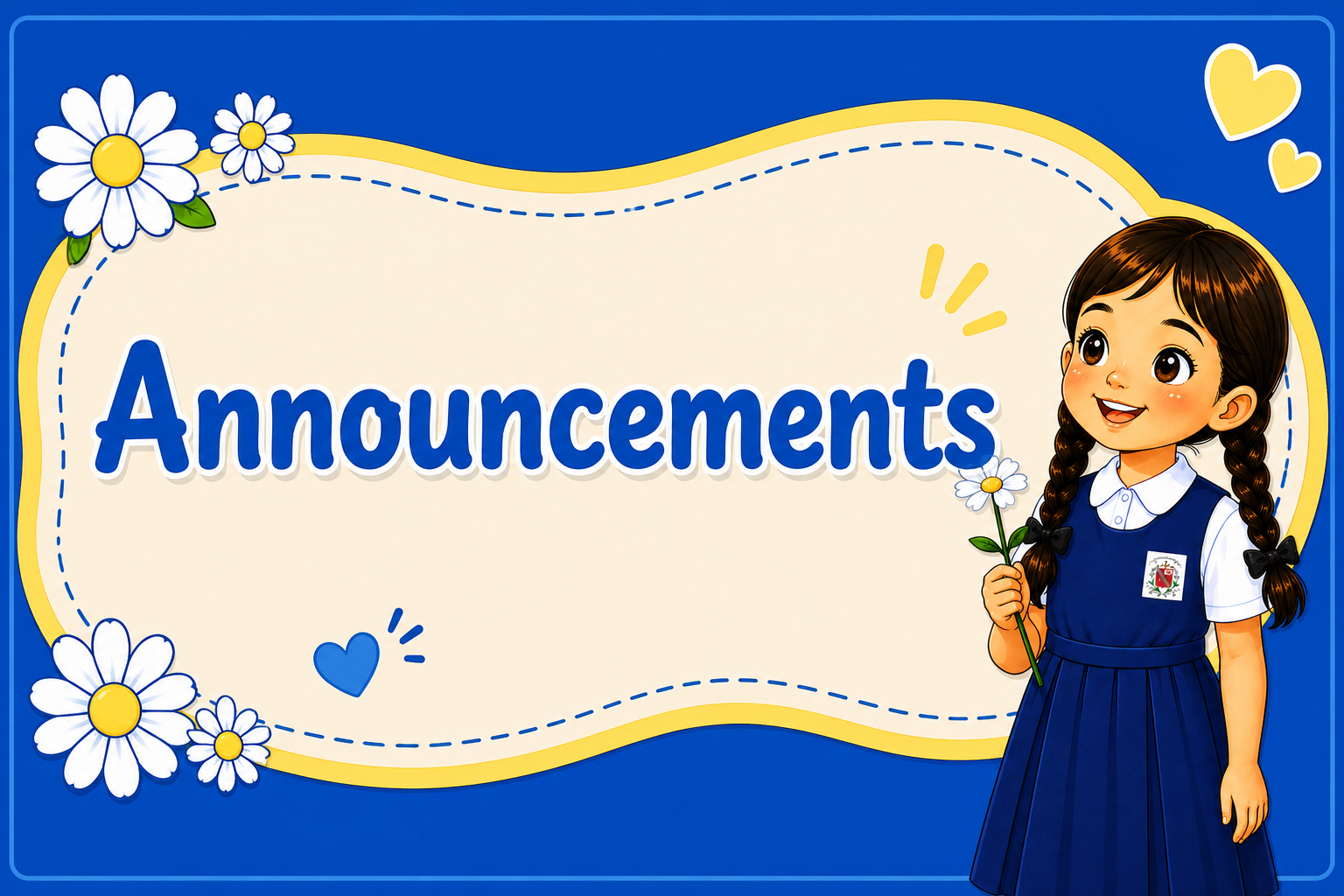 Announcement thumbnail with a girl in blue pinafore