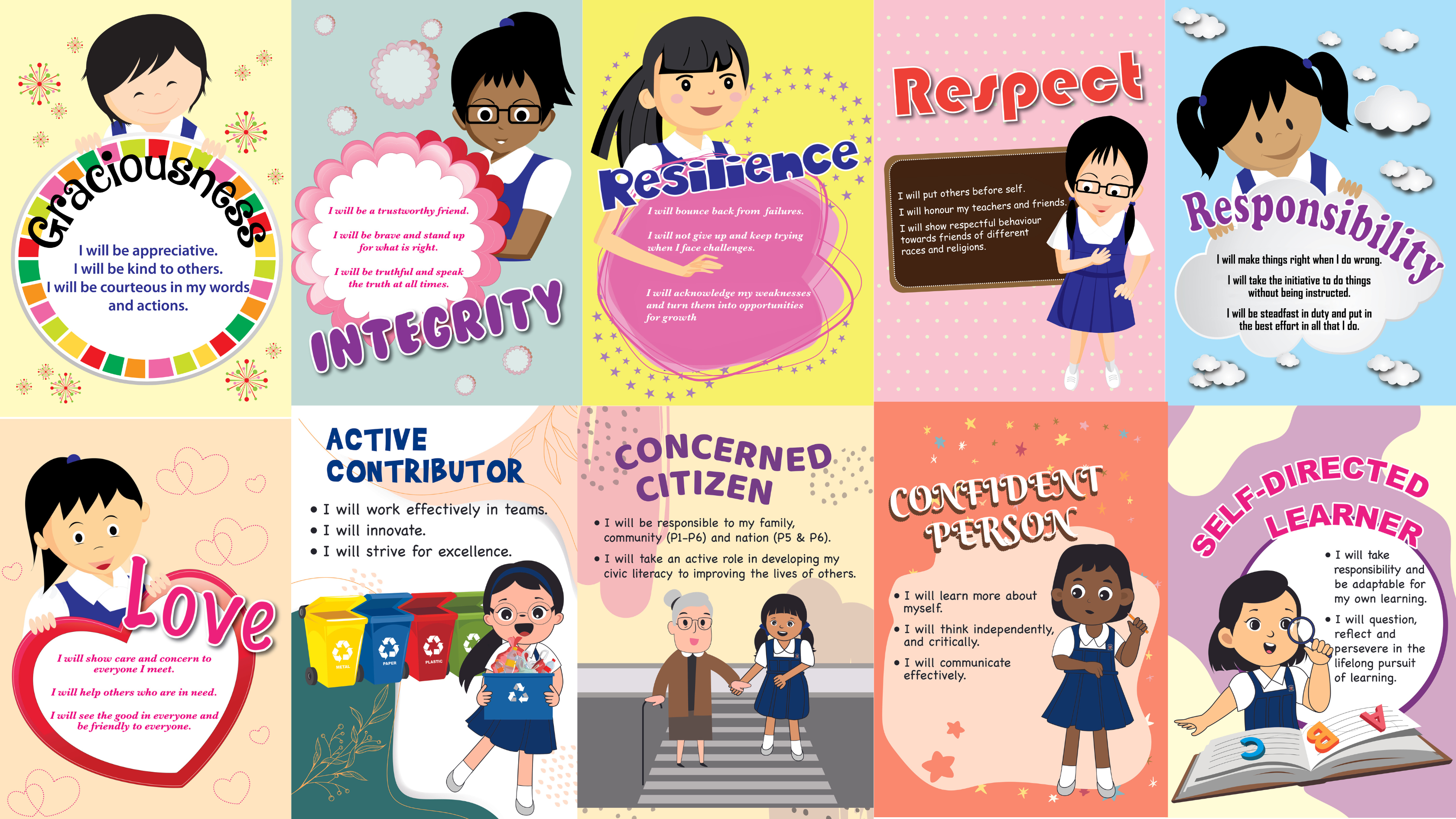 Ten colorful posters of students promoting values like graciousness, integrity, resilience, respect, and more.