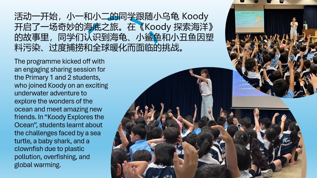 A presenter stands before a large group of young students in uniforms, many raising their hands in an auditorium.