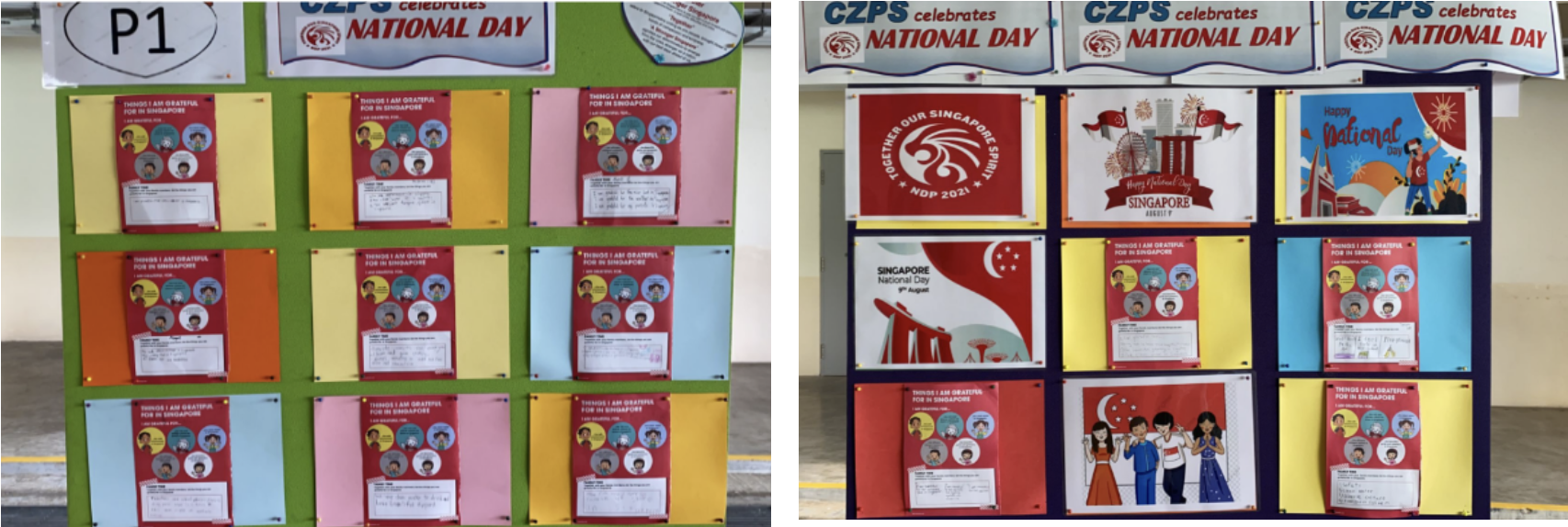 Two school bulletin boards decorated with colorful student worksheets and Singapore National Day posters and banners.