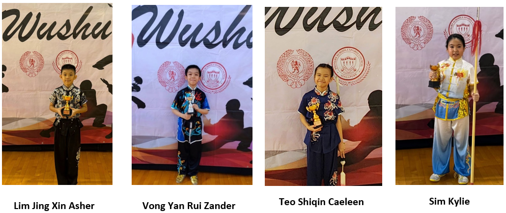Four children in wushu uniforms hold trophies before a Wushu banner, named Asher, Zander, Caeleen, and Kylie.