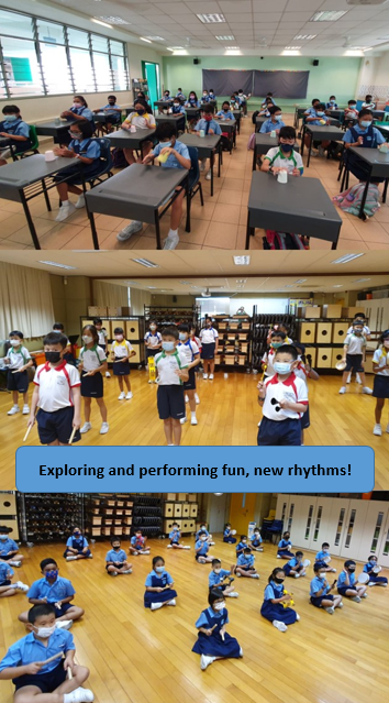 Students in uniforms and masks sit at desks or on floors in classrooms, with text "Exploring and performing fun, new rhythms!"