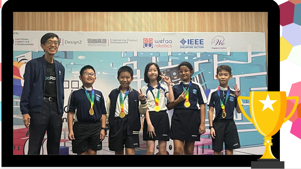 Five children wearing gold medals pose with an adult at a National Robotics Programme event backdrop.
