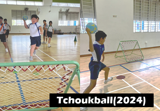 Two children play Tchoukball indoors in 2024, each holding a ball near a rebound net on a wooden court.