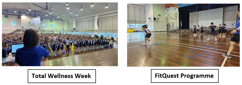 Two school event photos: students in a hall assembly and children doing agility drills with hoops on a gym floor.