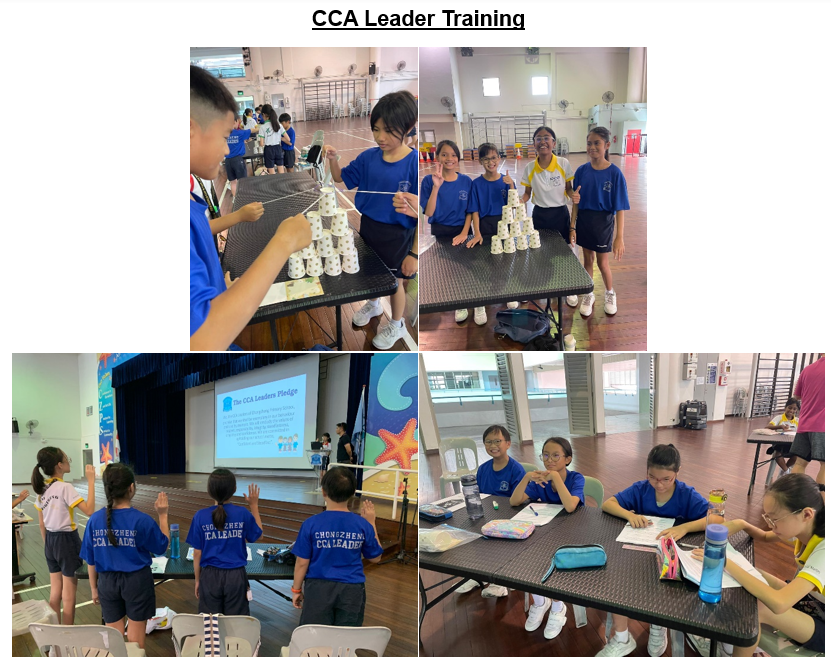 Students in blue CCA Leader shirts stacking cups, reciting a pledge, and working at tables during leader training.