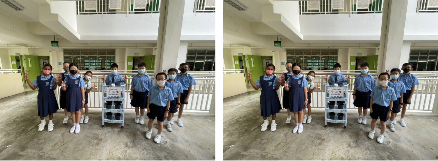 Two identical photos of masked school children in blue uniforms posing near a cart in a school corridor.