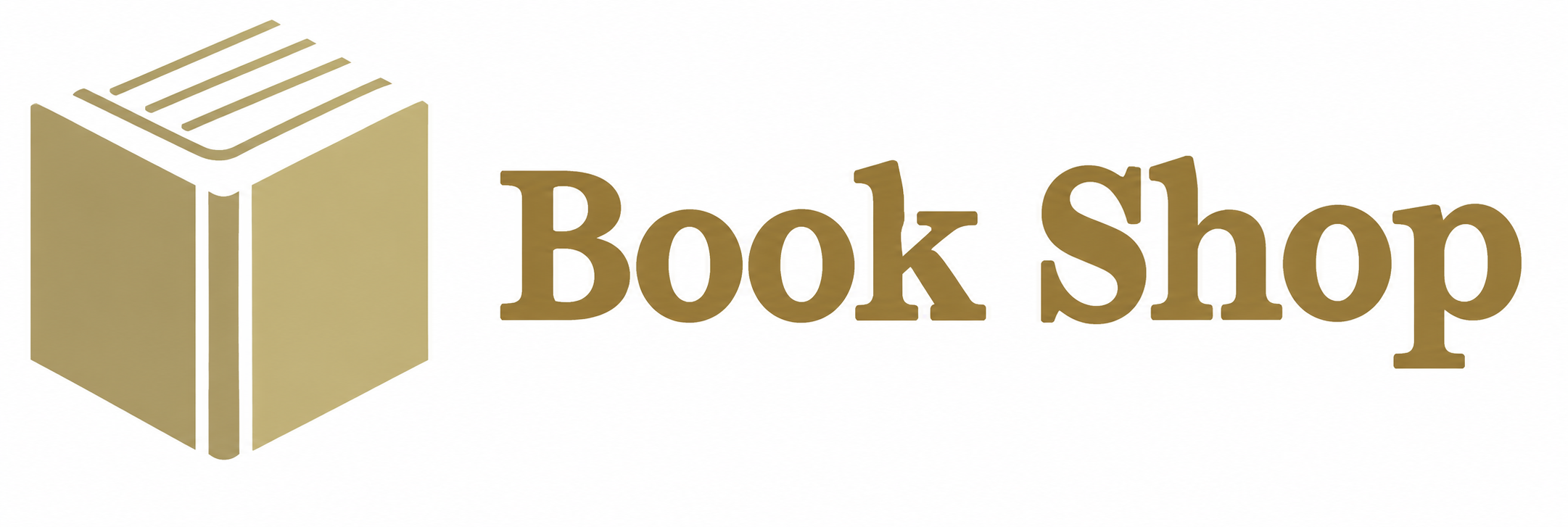 Three stacked books icon in gold tones beside the text "Book Shop" in dark brown.