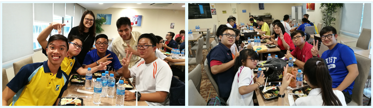 Two groups of smiling teenagers eating a meal together at tables with food trays and water bottles, posing for photos.