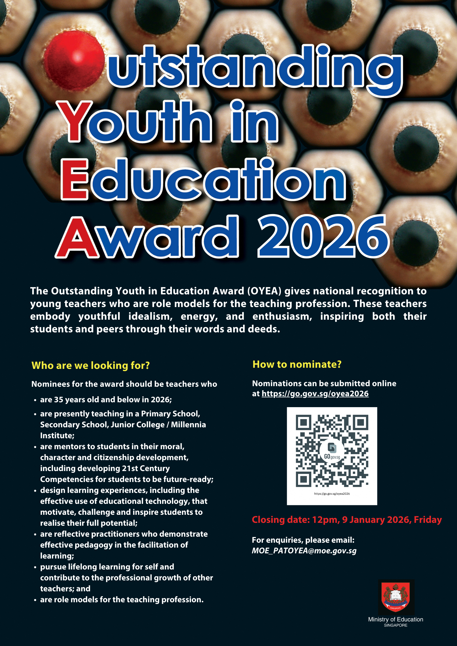 Poster: Outstanding Youth in Education Award 2026, with pencils background, QR code, and nomination details.
