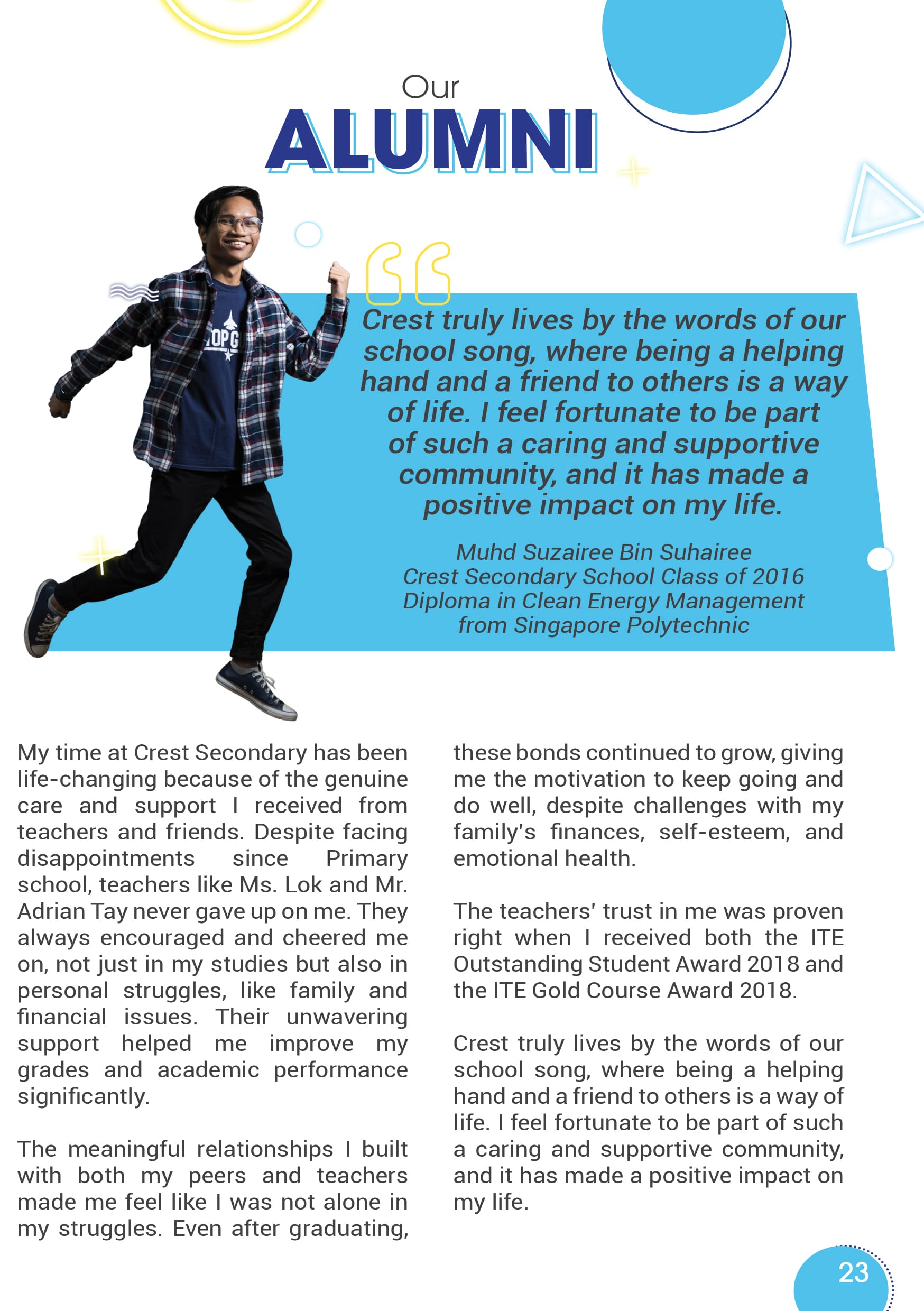 A smiling young man in a plaid shirt poses energetically beside an alumni quote on a colorful school newsletter page.