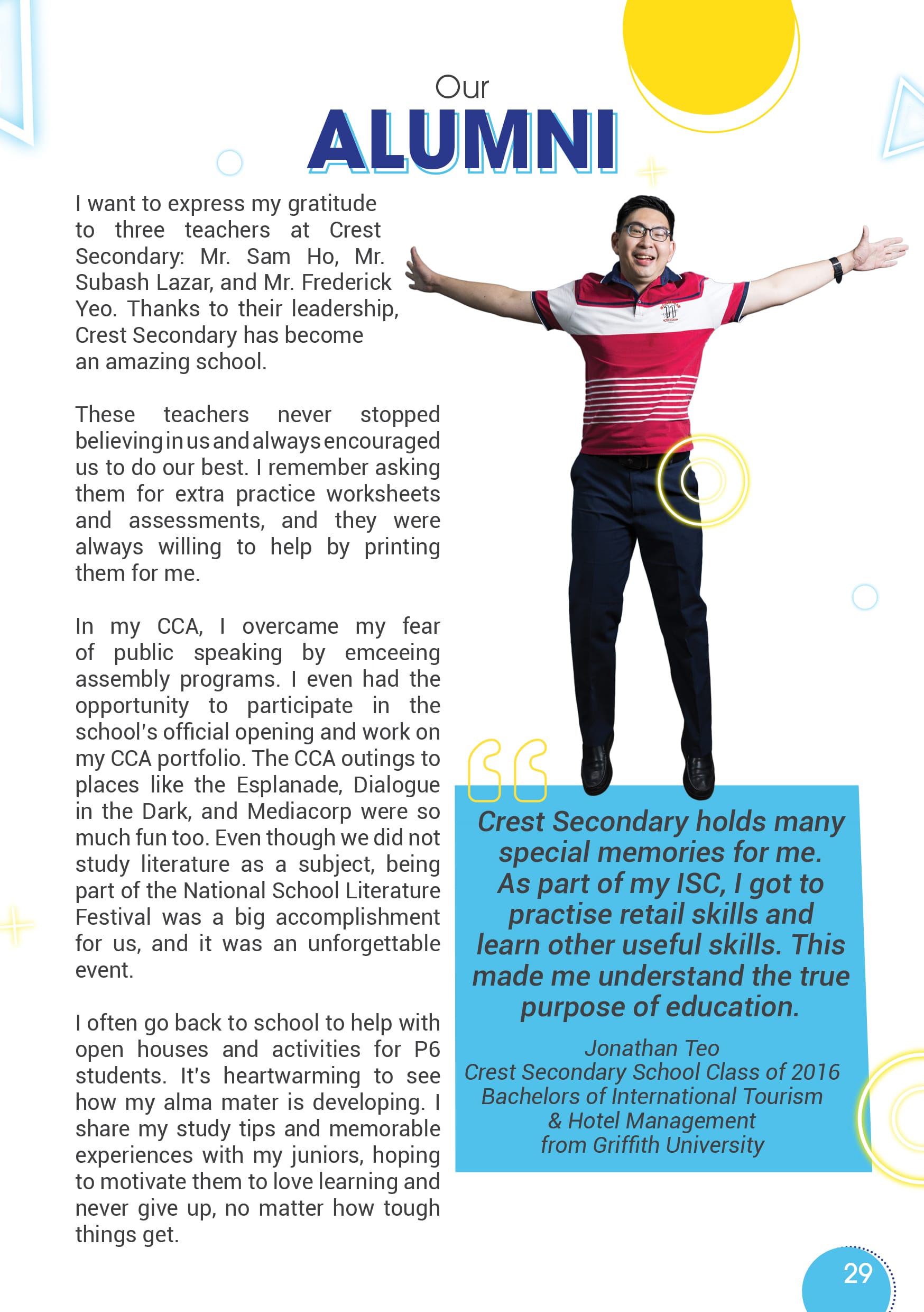 A smiling man in a red polo shirt stands with arms wide open, featured in a school alumni page with text and a quote.