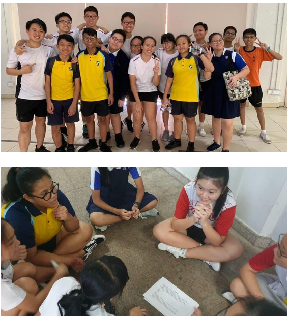 Two photos: a group of students posing together indoors, and students sitting in a circle on the floor with a paper.