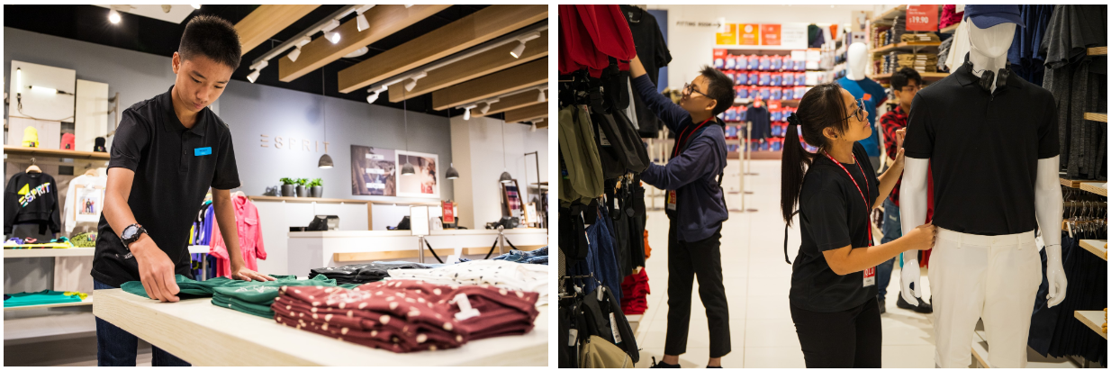 students working in kitchen and clothings store