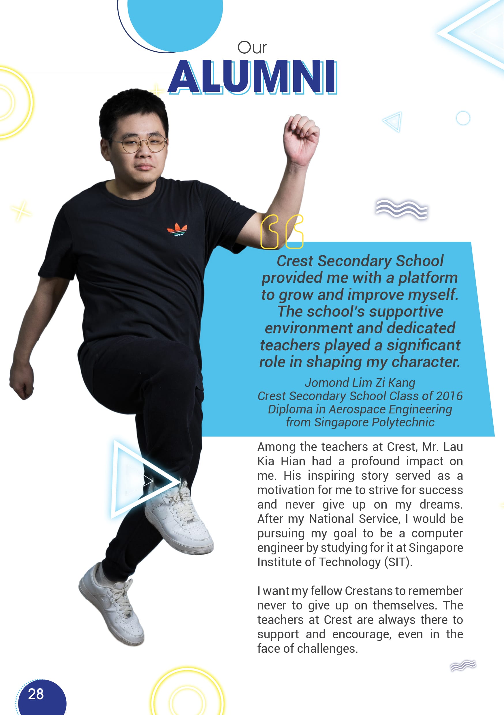 Alumni feature page showing a young man in black posing dynamically, with a quote about Crest Secondary School.