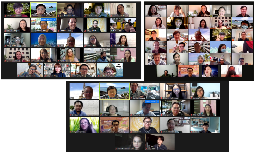 Three video call grid screenshots showing many participants in separate labeled thumbnail boxes.