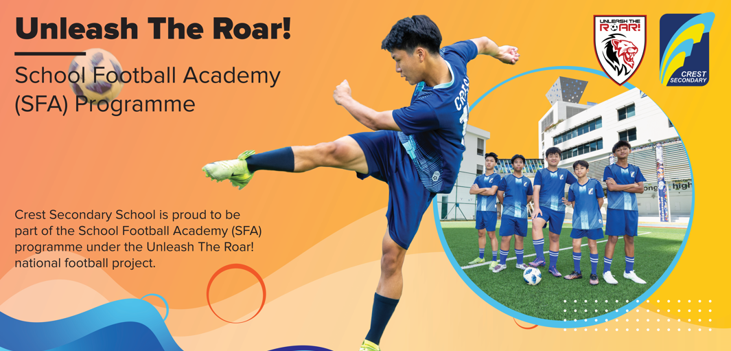 Promotional banner for Crest Secondary School Football Academy showing a player kicking a ball and a team posing on a field.