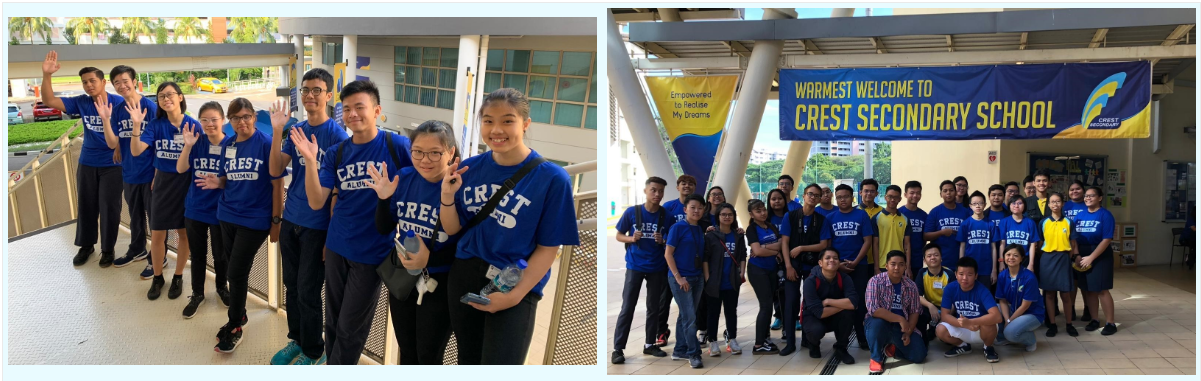 Students in blue Crest shirts wave and pose at Crest Secondary School under a yellow welcome banner.