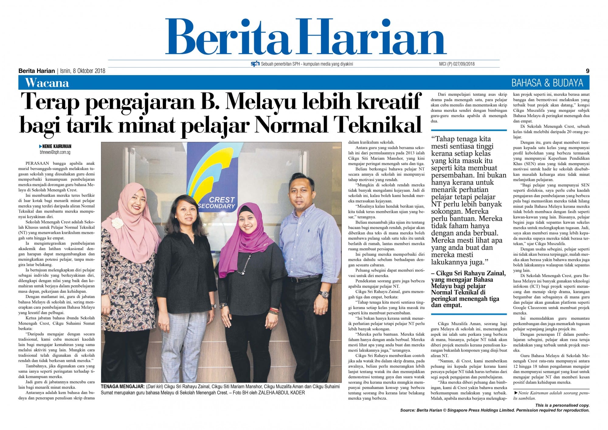Berita Harian newspaper page dated 8 Oktober 2018 featuring four Malay teachers posing together indoors.