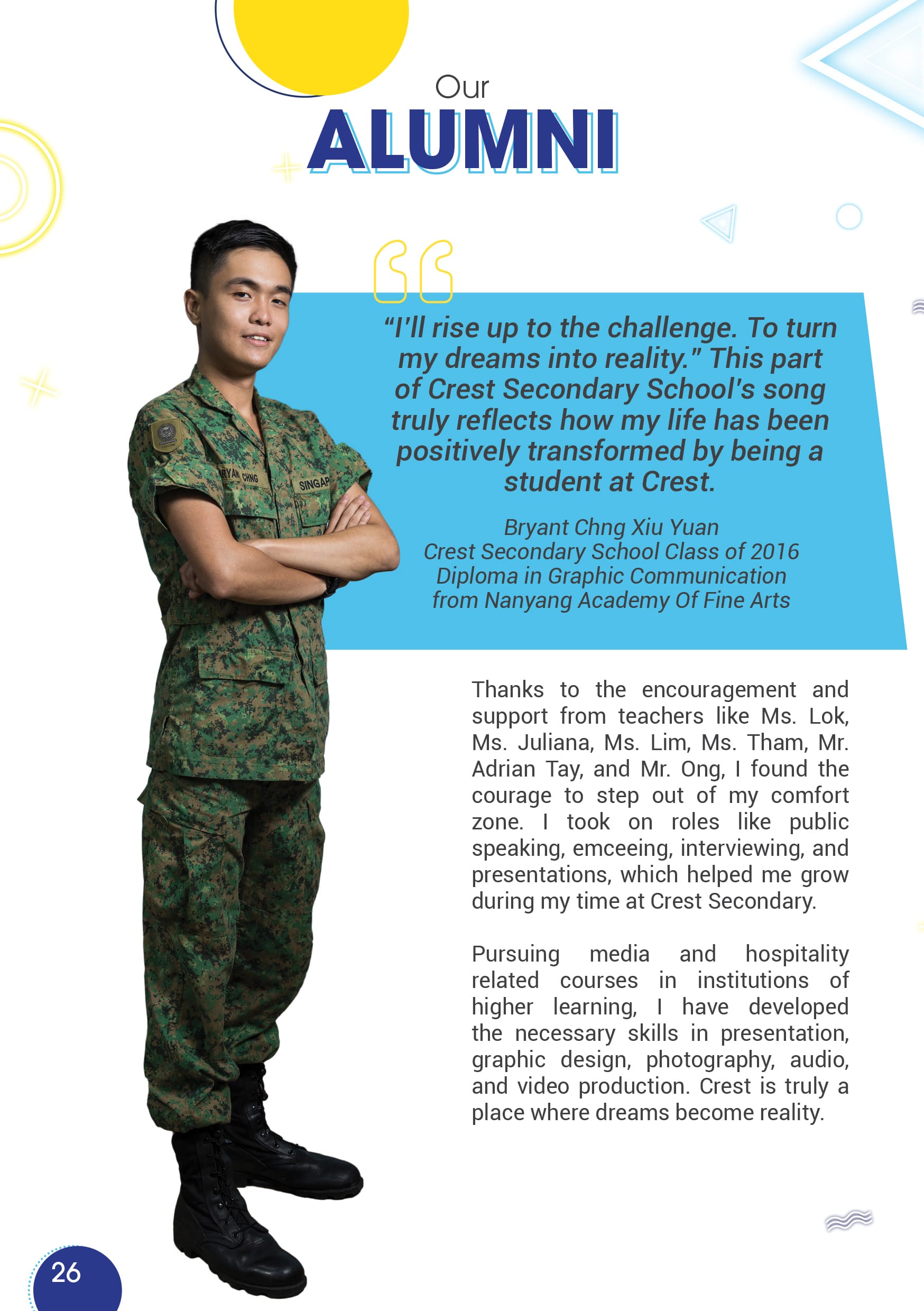 Young man in green camouflage military uniform standing with arms crossed beside an alumni quote on a flyer.