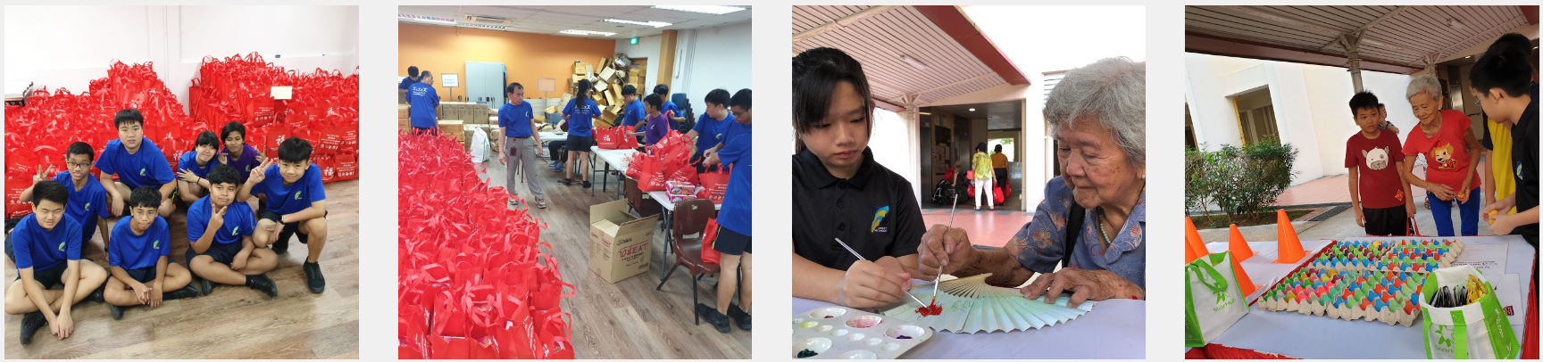 Youth volunteers in blue shirts pack red gift bags, assist an elderly woman painting a fan, and display a colorful craft project.