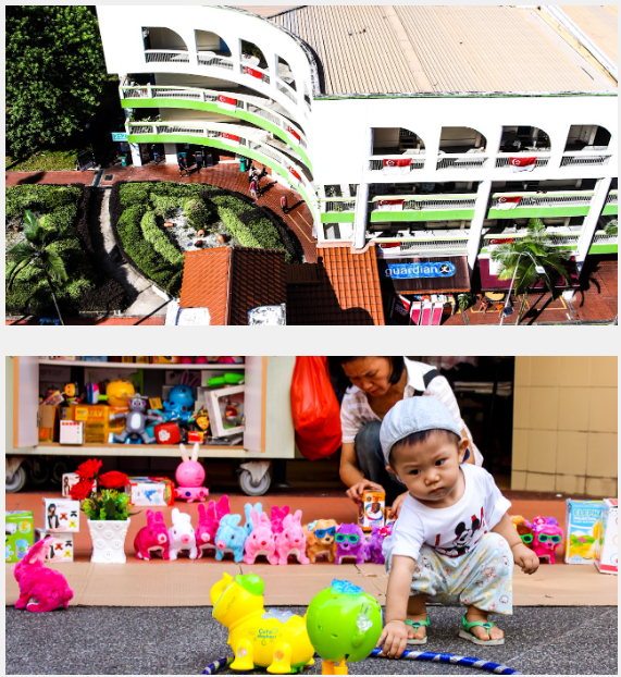 Top shows aerial view of a curved white building; bottom shows a toddler playing with colorful plastic animal toys outdoors.