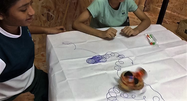 Students put together a simple motorised machine that creates a design as it spins.