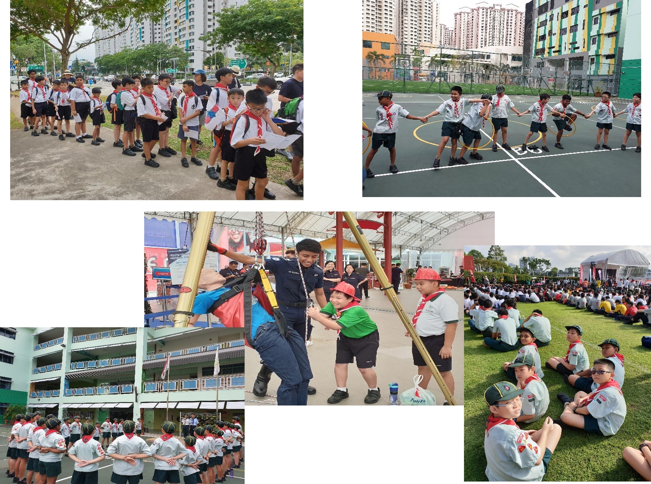 Five photos of young scouts in uniform doing outdoor activities, drills, hoop games, and gathered on a field.