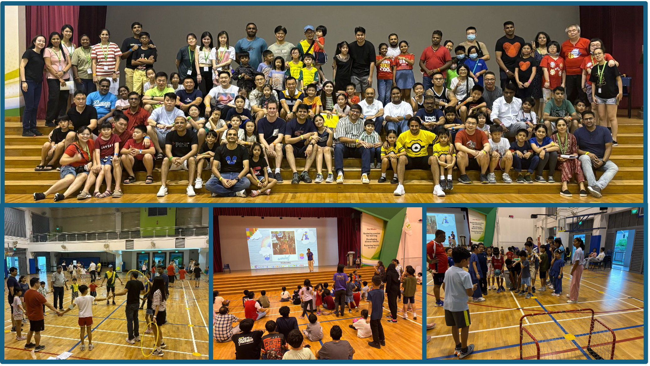 Large group photo on gym steps; three smaller photos below show indoor games and a stage presentation.