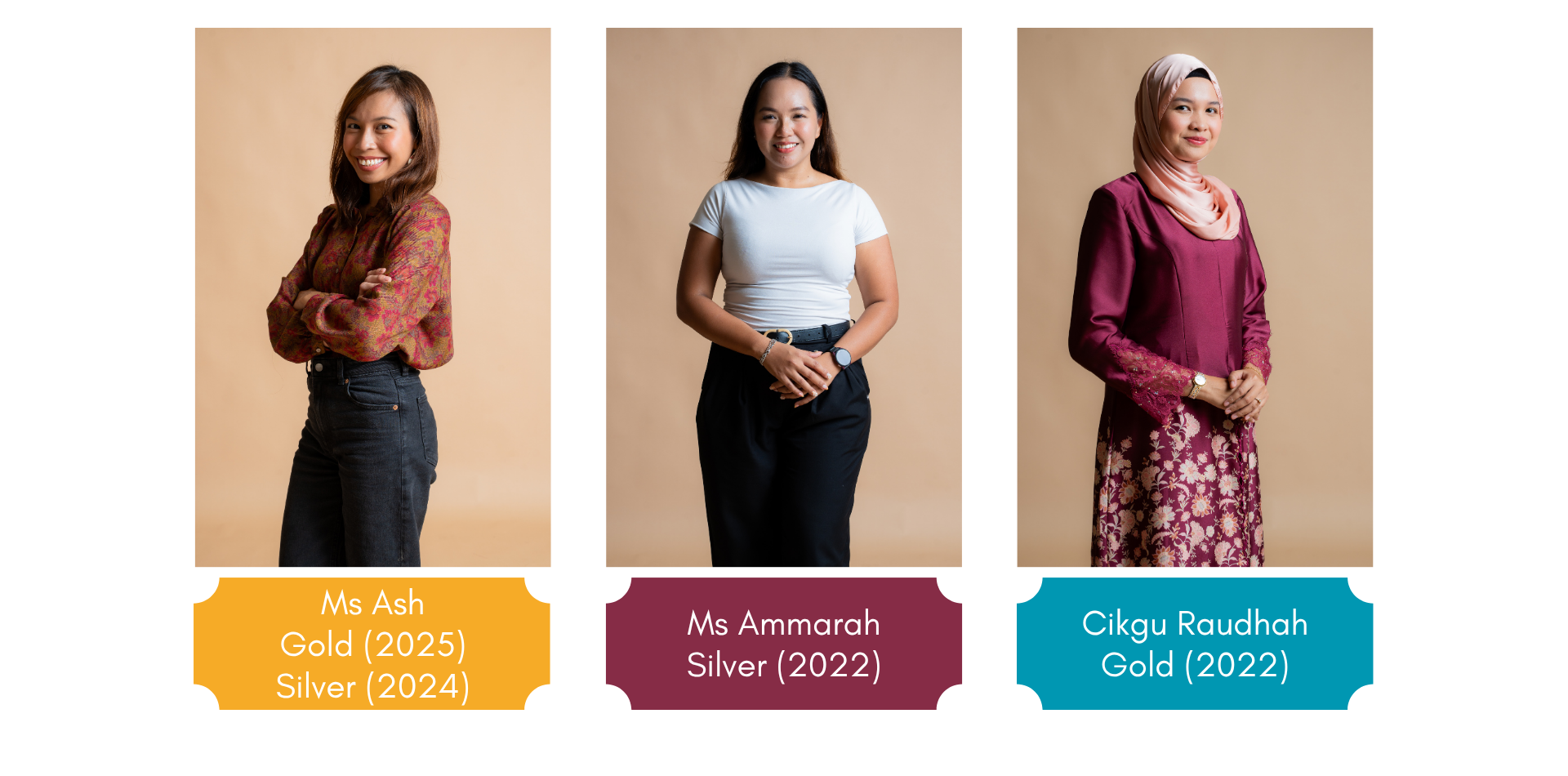 Four women named Ms Ash, Ms Ammarah, and Cikgu Raudhah with Silver and Gold award labels.