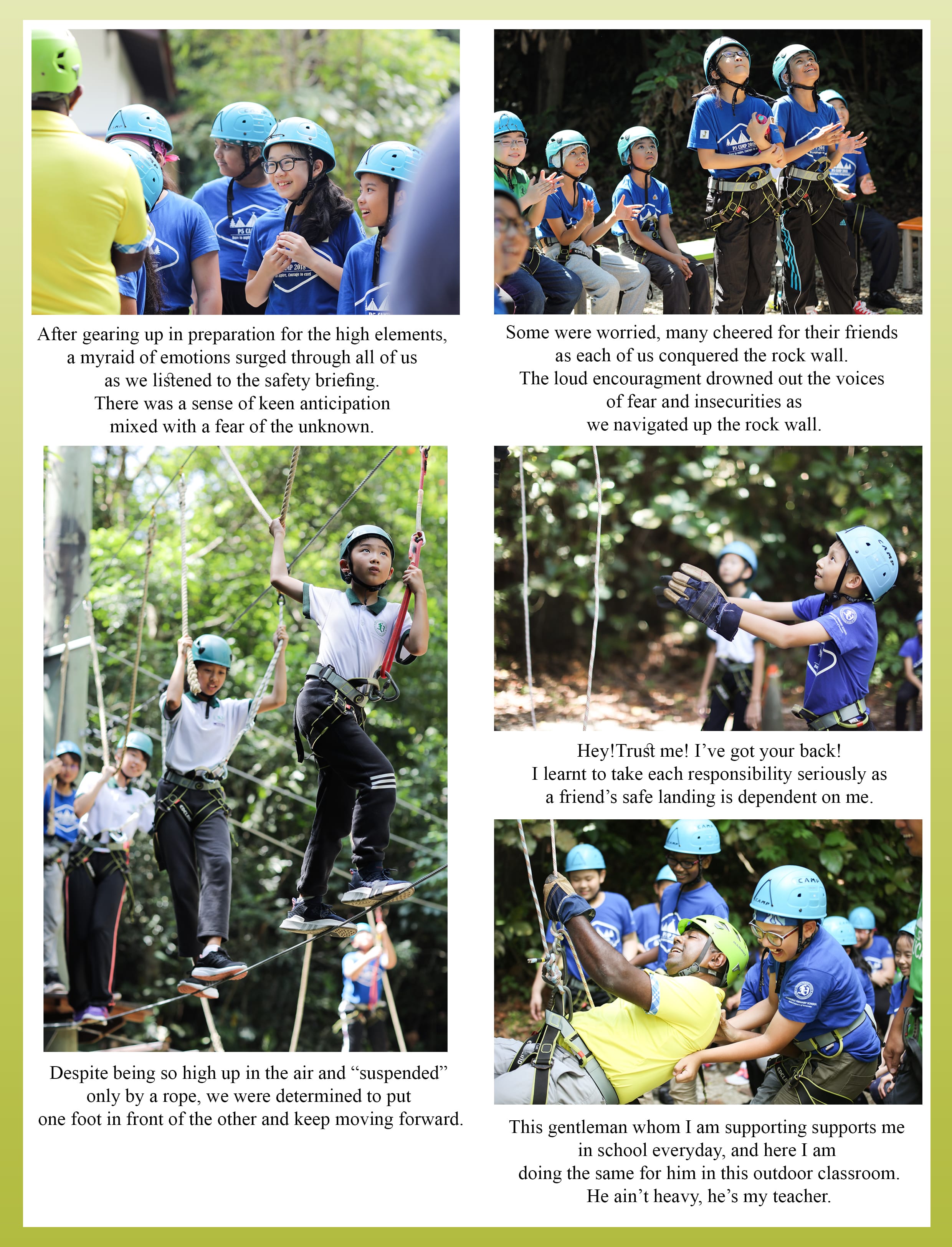 Collage of helmeted students at ropes course: briefing, cheering, balancing on ropes, and catching a climber.