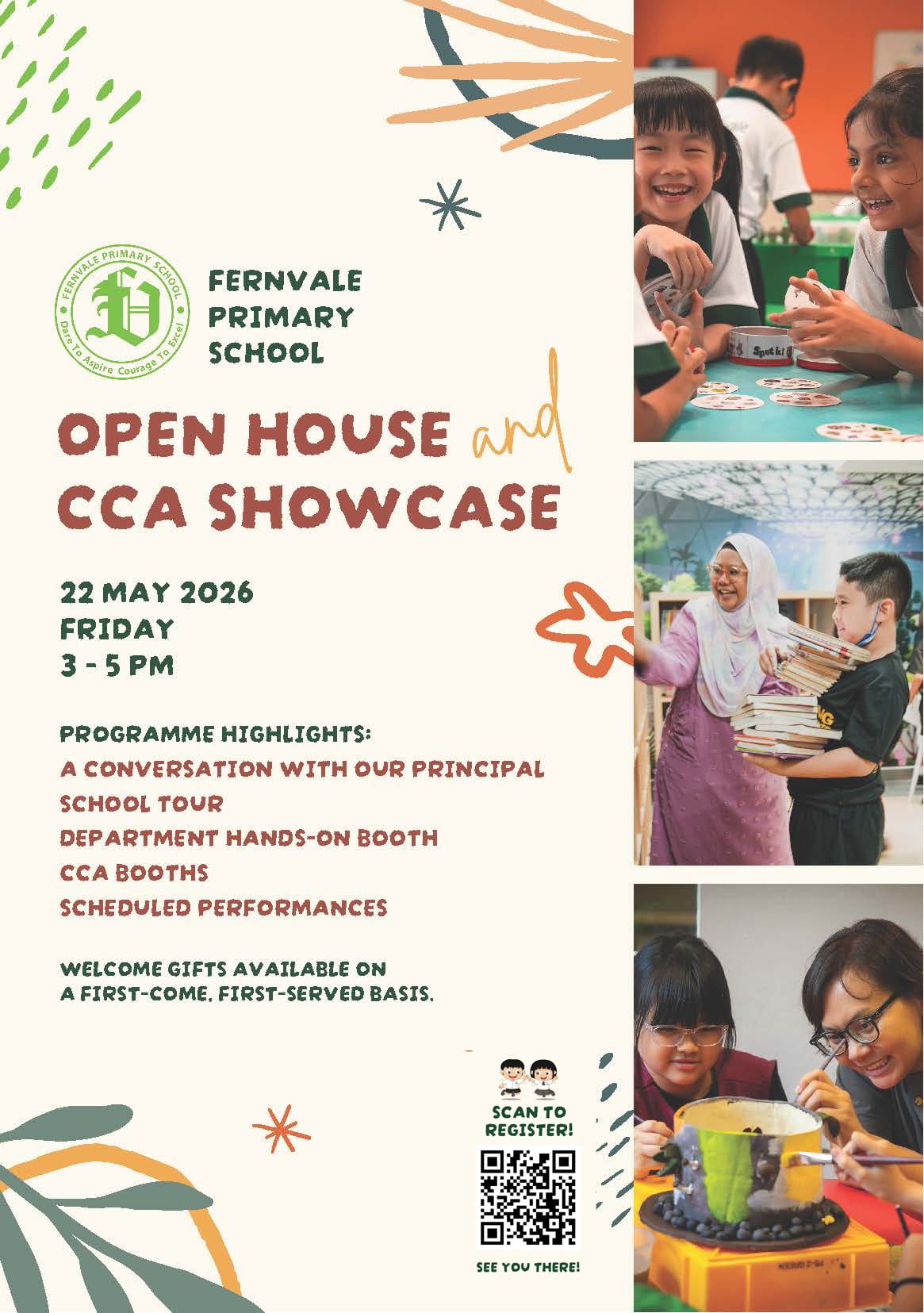 Fernvale Primary School Open House and CCA Showcase flyer for 22 May 2026, 3 to 5 PM, with student photos.
