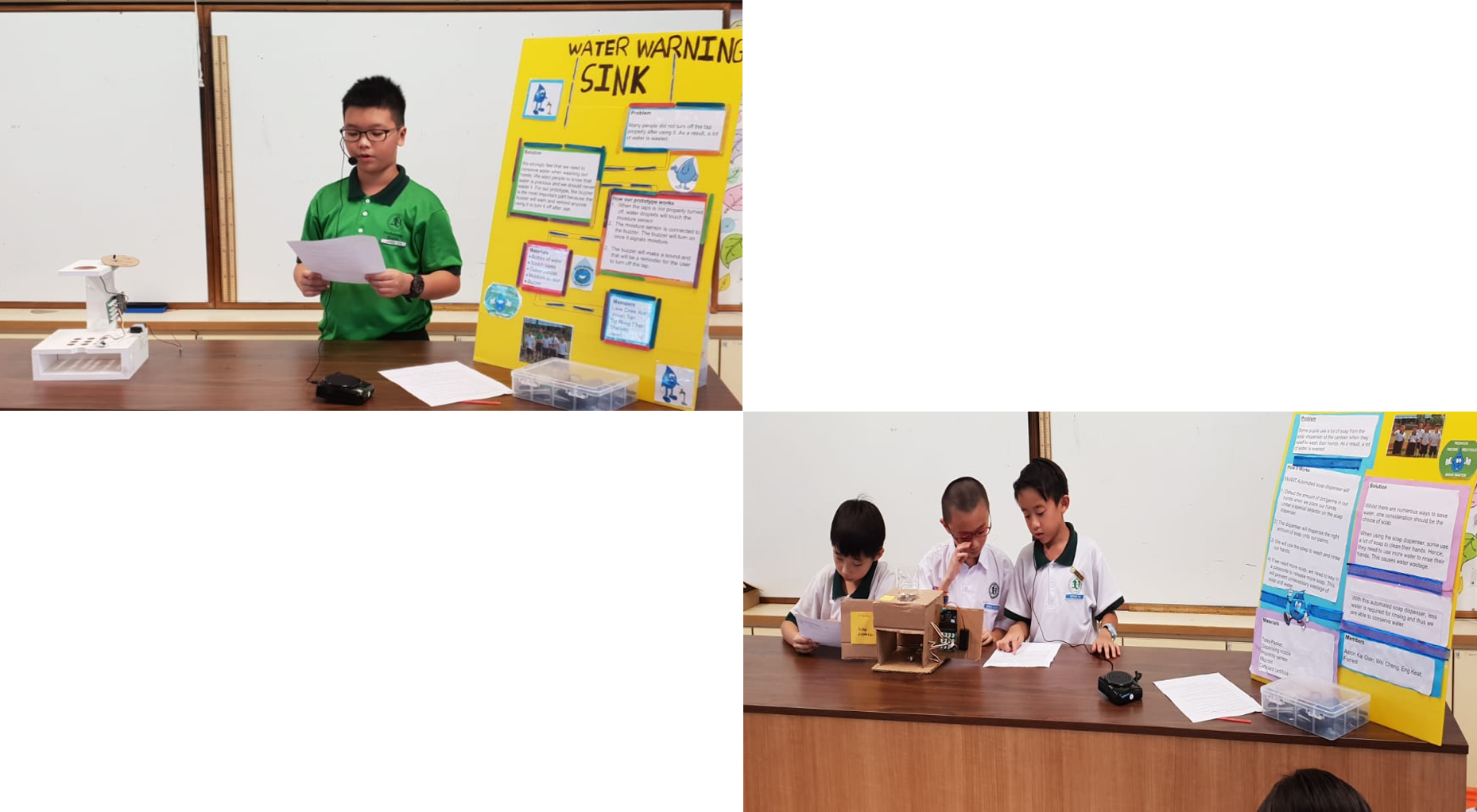 Students present a school science project called Water Warning Sink, with a yellow display board and prototype on a desk.