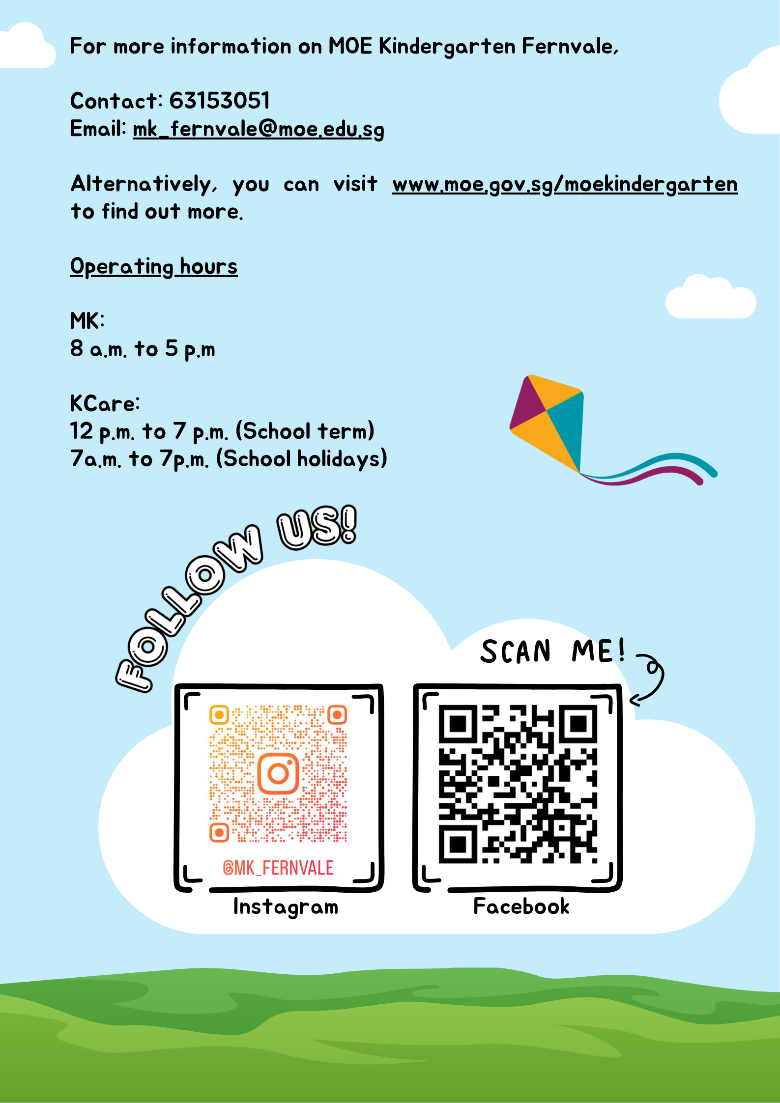 Flyer for MOE Kindergarten Fernvale with contact details, operating hours, and QR codes for Instagram and Facebook.