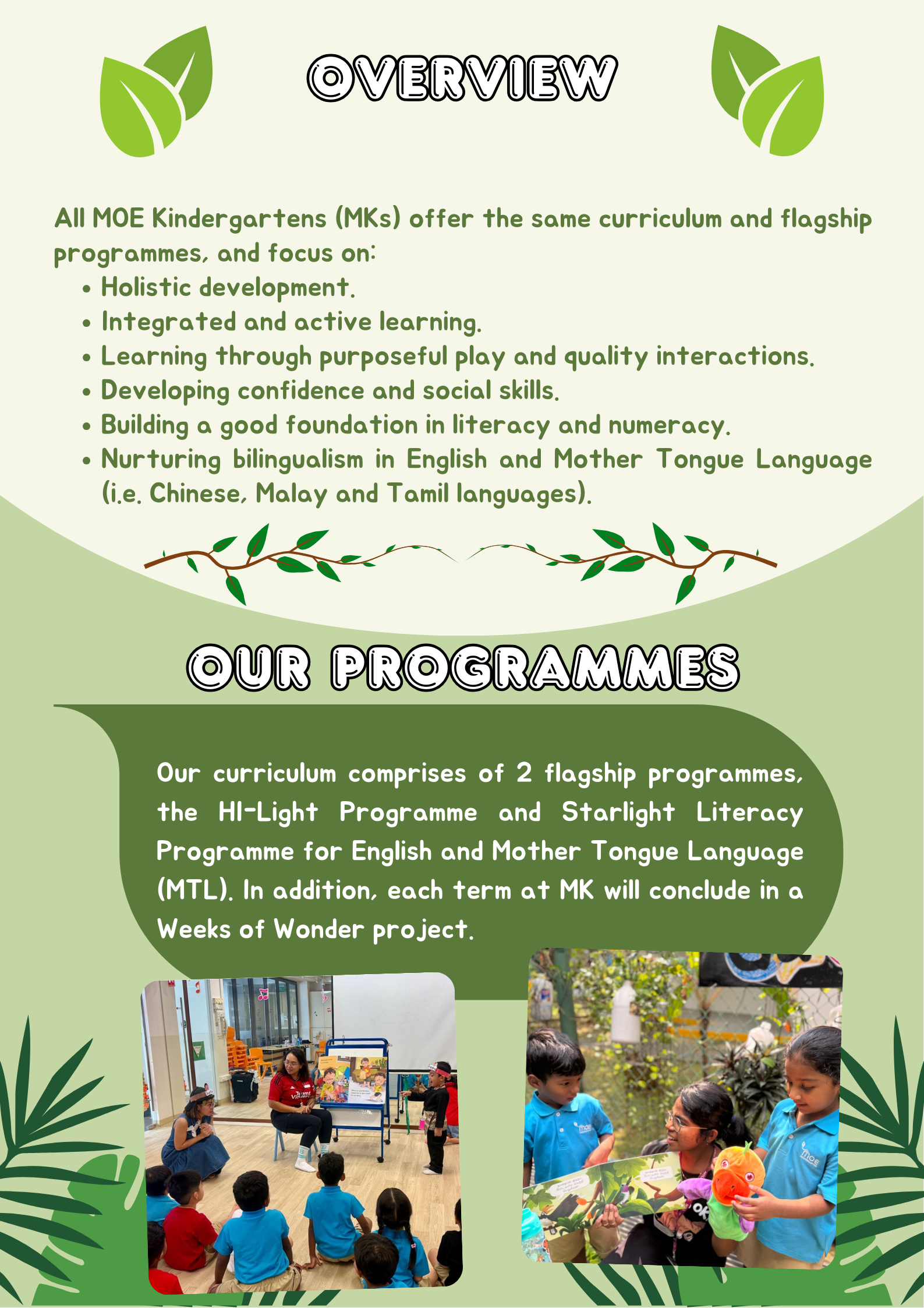 Flyer for MOE Kindergarten overview and programmes with text, leaf graphics, and two photos of young children in class.