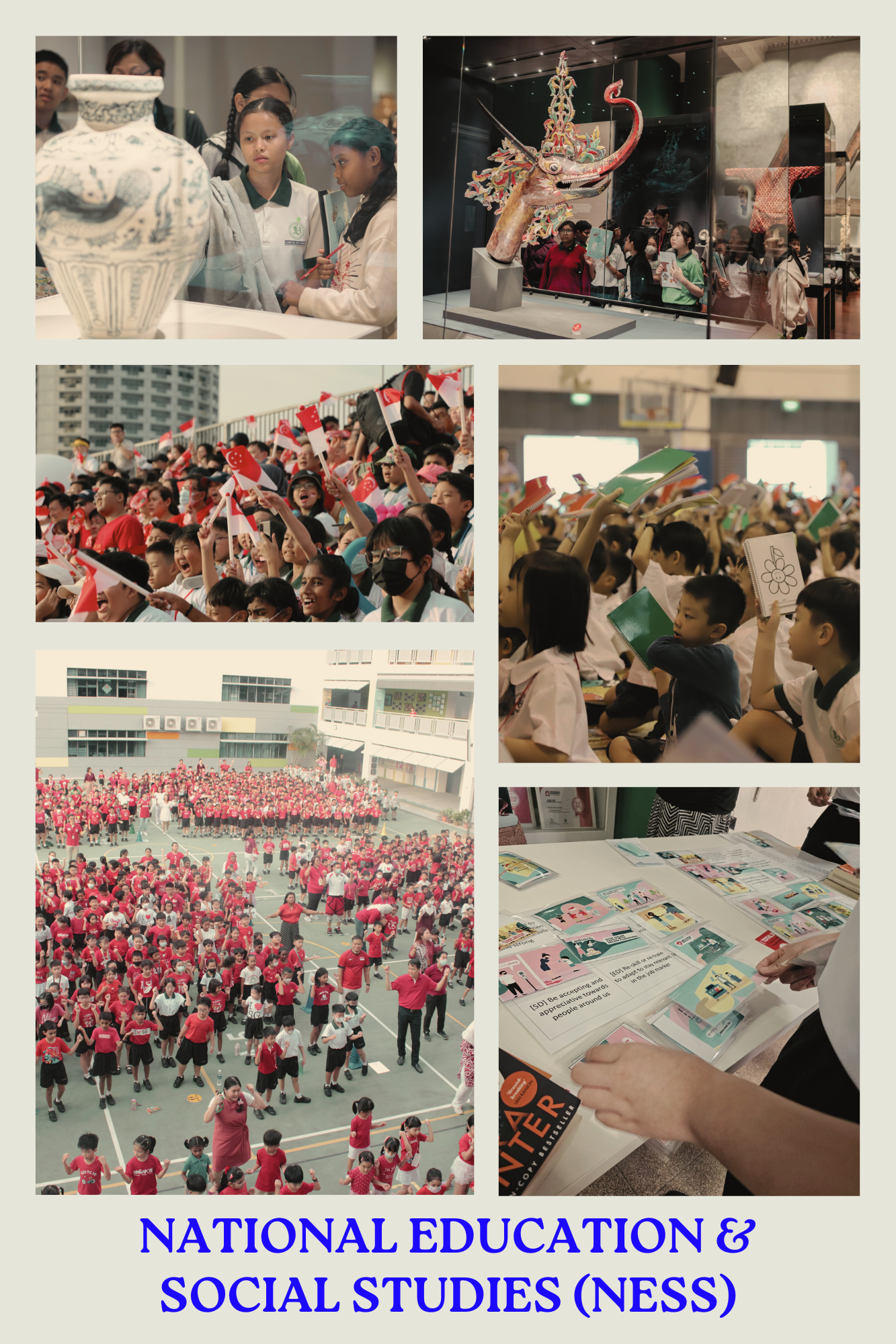 Six photos of students at museum visits, flag-waving events, and outdoor activities for National Education and Social Studies.